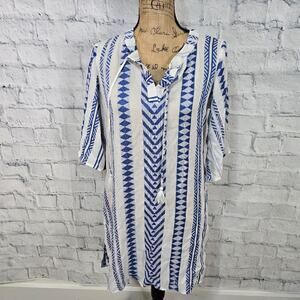Goa beachwear by japna coverup Sz M blue white 3/4 sleeve rayon A19